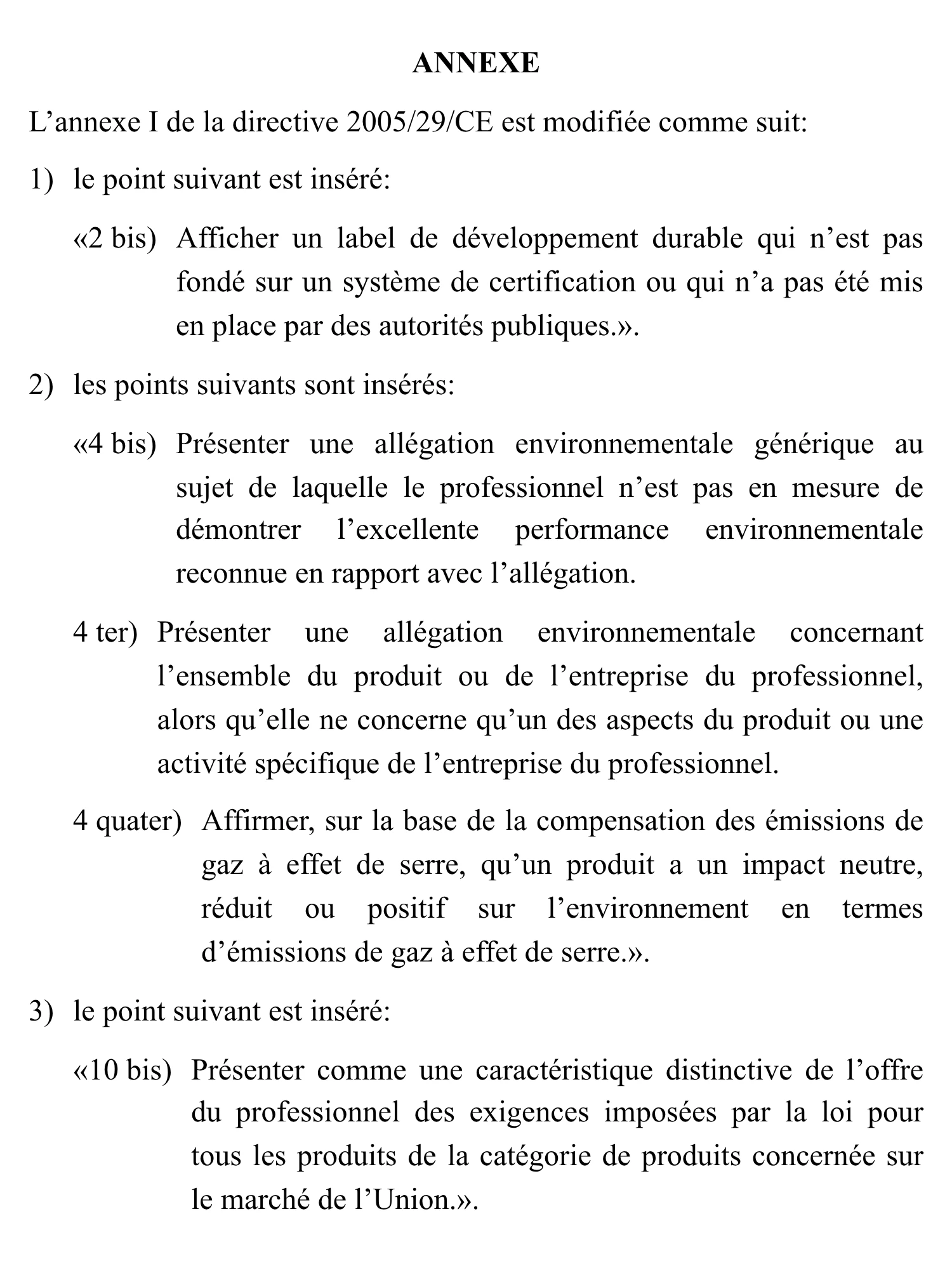 Extrait de l'annexe de la directive (UE) 2024/825 sur EUR-Lex : les points 2 bis, 4 bis, 4 ter, 4 quater et 10 bis insérés à l'annexe I de la directive 2005/29/CE