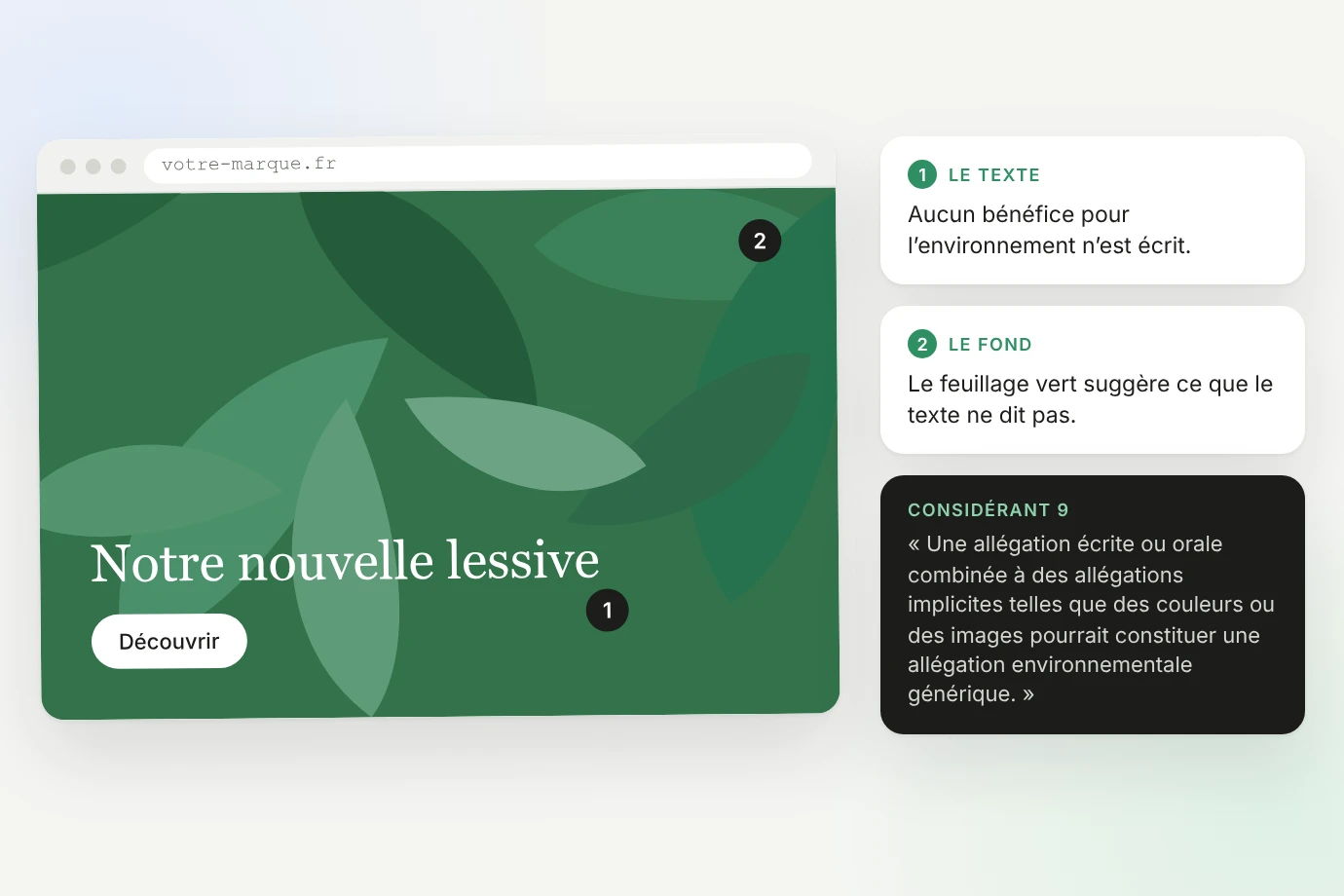 Page d'accueil fictive : le titre « Notre nouvelle lessive » sur un fond de feuillage vert ; le texte n'écrit aucun bénéfice pour l'environnement, le fond le suggère ; citation du considérant 9 sur les allégations implicites telles que des couleurs ou des images