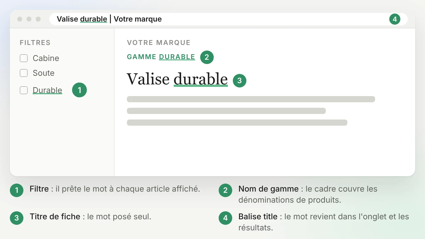 Où se cache l'allégation « durable » sur une page produit fictive : un filtre « Durable » dans la liste des filtres, un nom de gamme « Gamme Durable », un titre de fiche « Valise durable » et la balise title « Valise durable | Votre marque ». Le filtre prête le mot à chaque article affiché, le cadre couvre les dénominations de produits, le titre pose le mot seul et la balise le répète dans l'onglet et les résultats